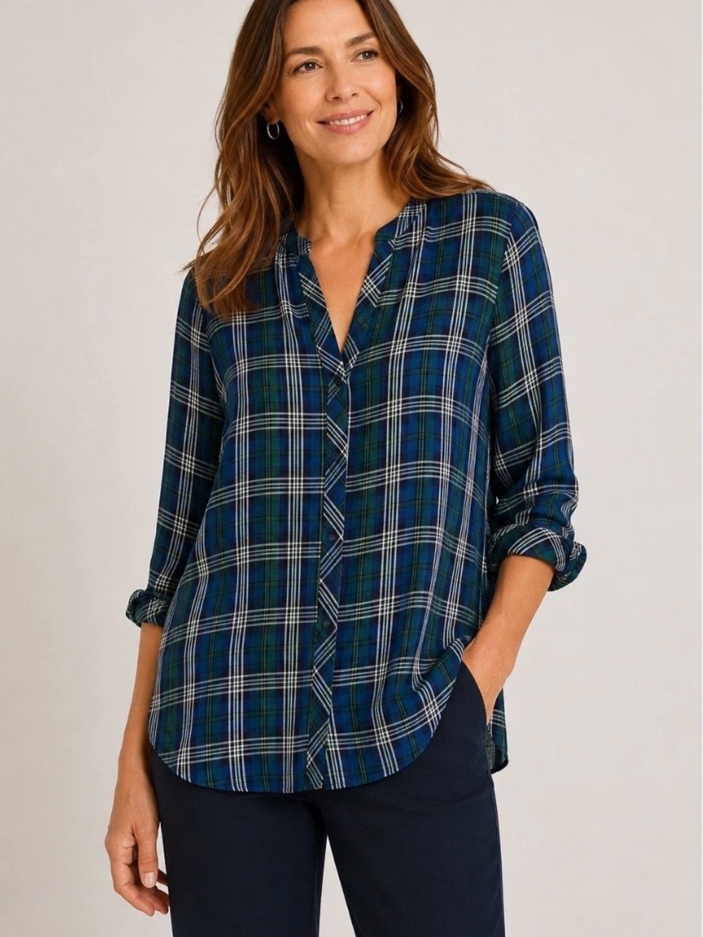 J. Jill 100 Rayon V-Neck Button-Front Shirt - Blue/Green